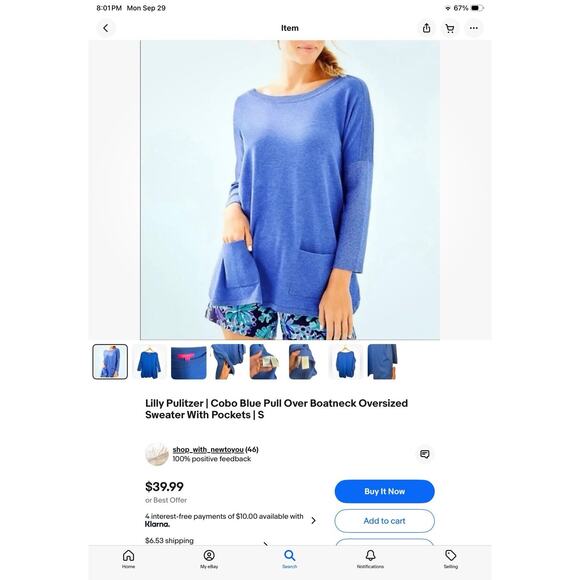 Lilly Pulitzer | Cobo Blue Pull Over Boatneck Oversized Sweater With Pockets | S - Picture 10 of 16